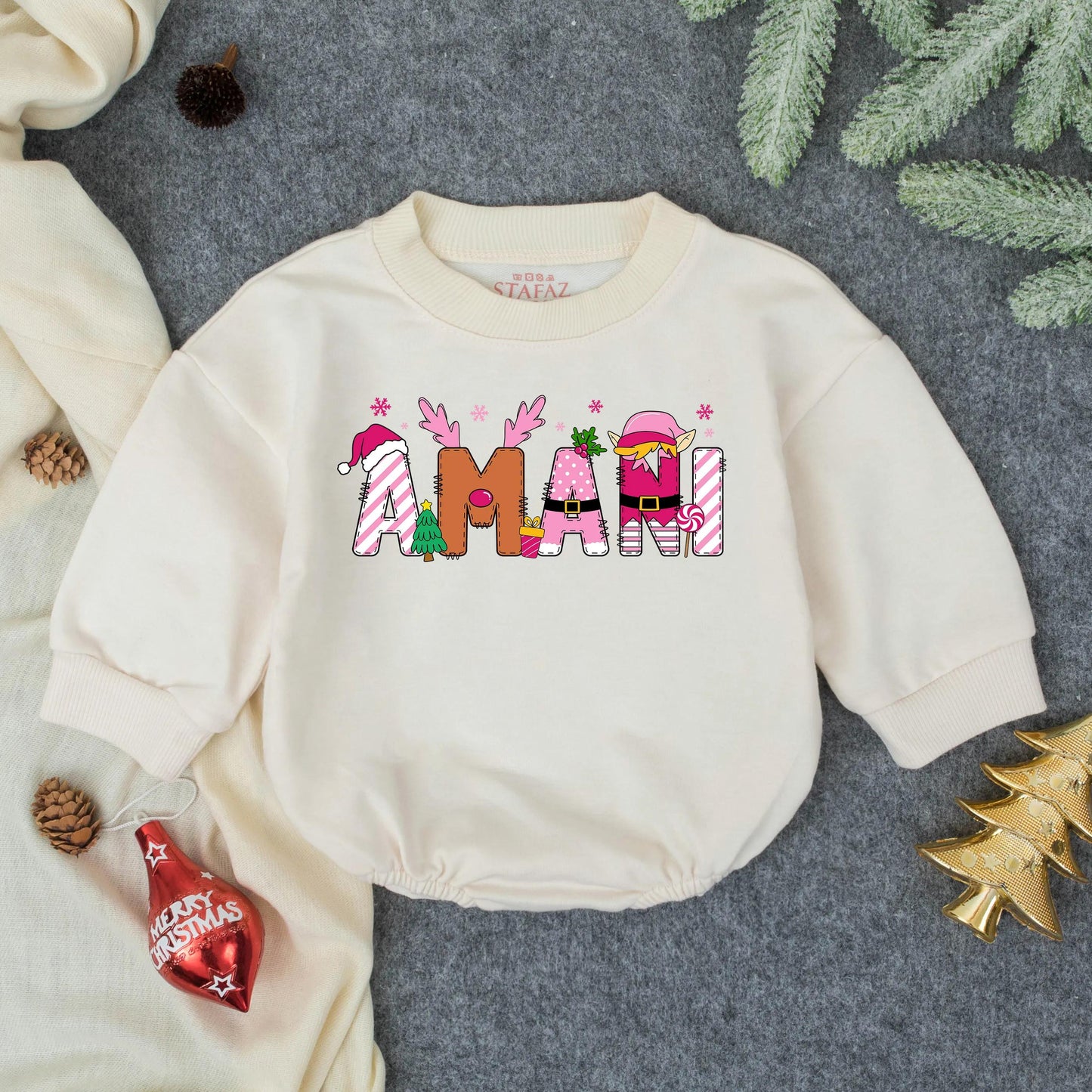 AMANI Girly Pink Christmas Bubble Romper Personalized First Holiday Baby Girl Outfit Toddler Bodysuit Winter Shower Gift