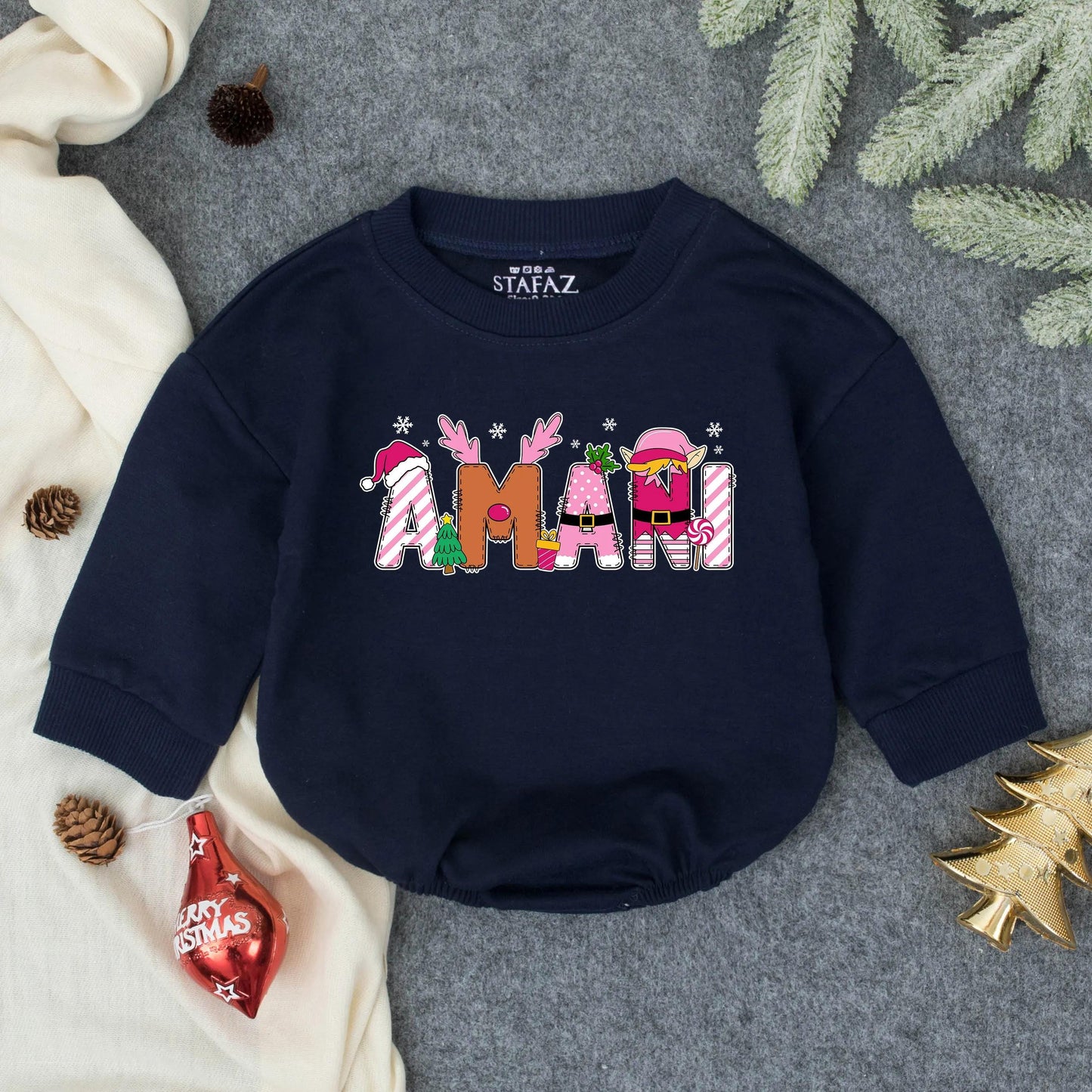 AMANI Girly Pink Christmas Bubble Romper Personalized First Holiday Baby Girl Outfit Toddler Bodysuit Winter Shower Gift