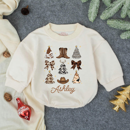 Ashley Howdy Christmas Baby Bubble Romper Personalized Western Cowboy Outfit Toddler First Christmas Gift Browns Creams
