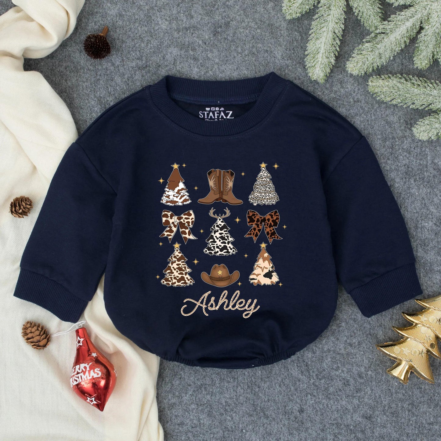 Ashley Howdy Christmas Baby Bubble Romper Personalized Western Cowboy Outfit Toddler First Christmas Gift Browns Creams