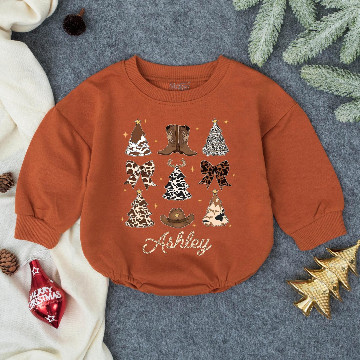 Ashley Howdy Christmas Baby Bubble Romper Personalized Western Cowboy Outfit Toddler First Christmas Gift Browns Creams