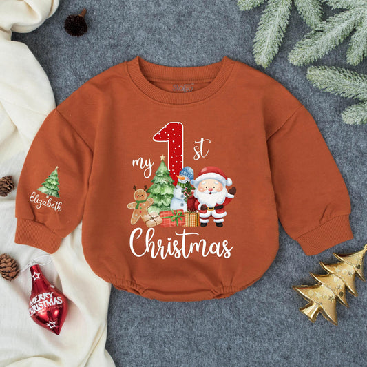 Personalized 1st Christmas Baby Romper Outfit, Custom Name Emma Snowman Holiday Sweatshirt, Red Polka Dot Xmas Gift, Cute Toddler Clothes (139 chars)