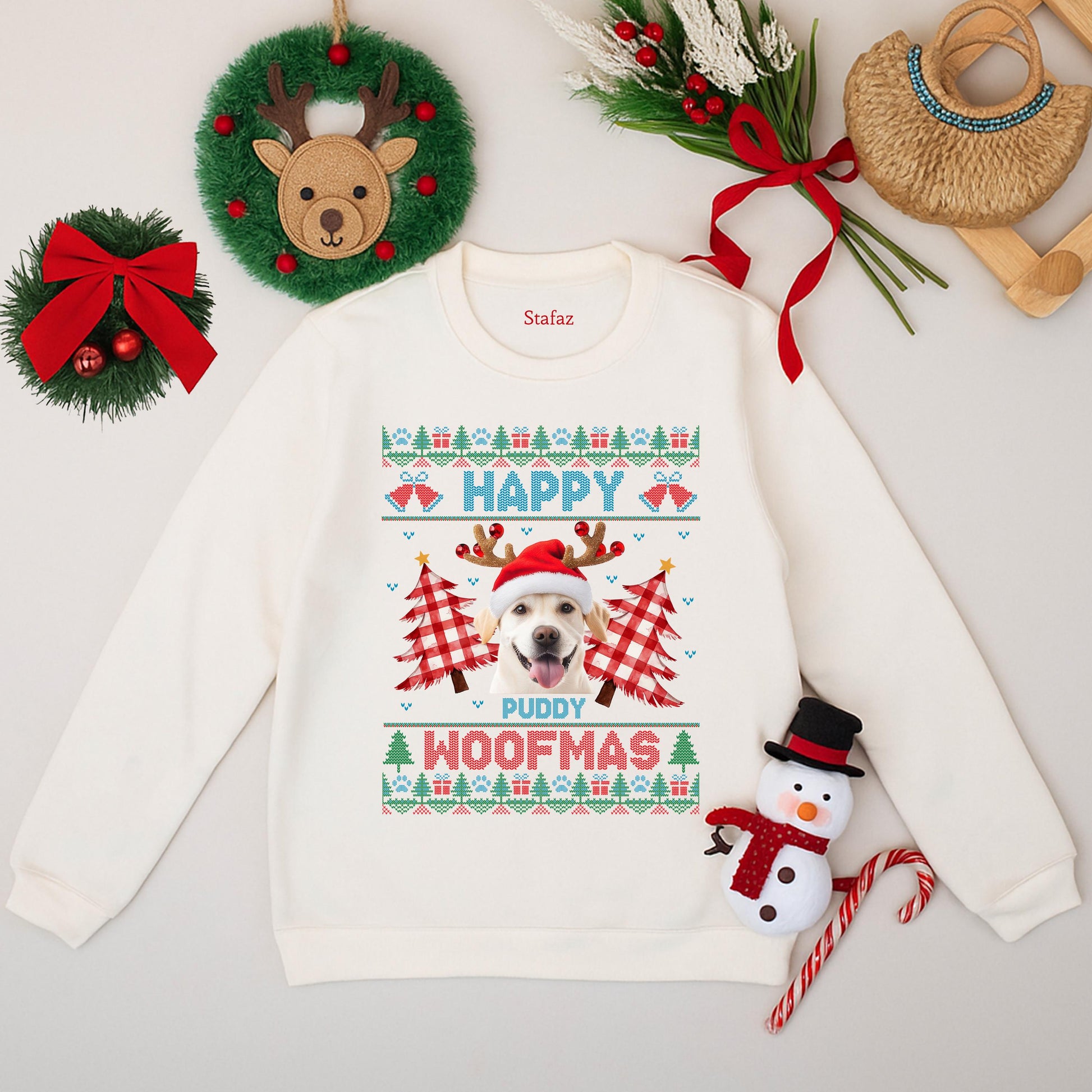 Custom Dog Photo Ugly Christmas Sweatshirt, Merry Woofmas Golden Retriever Sweater, Funny Dog Mom Gift, Holiday Pet Outfit, Xmas Dog Clothing 139 chars