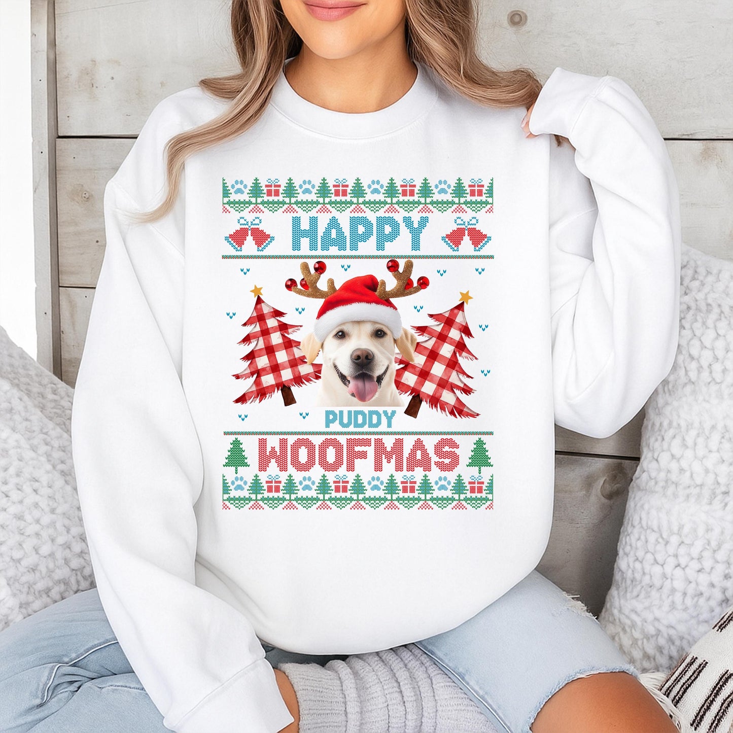 Custom Dog Photo Ugly Christmas Sweatshirt, Merry Woofmas Golden Retriever Sweater, Funny Dog Mom Gift, Holiday Pet Outfit, Xmas Dog Clothing 139 chars