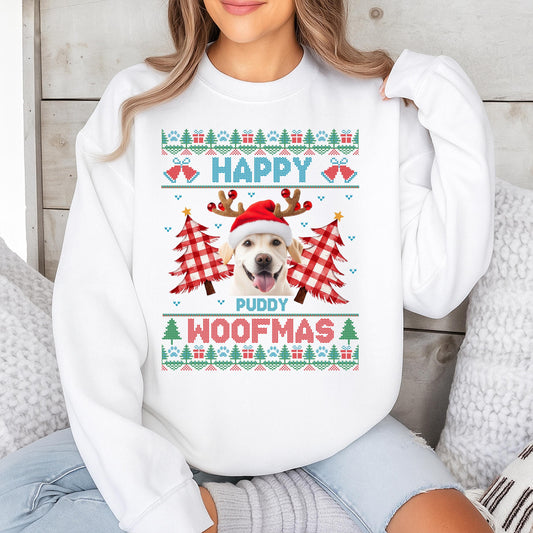 Custom Dog Photo Ugly Christmas Sweatshirt, Merry Woofmas Golden Retriever Sweater, Funny Dog Mom Gift, Holiday Pet Outfit, Xmas Dog Clothing 139 chars