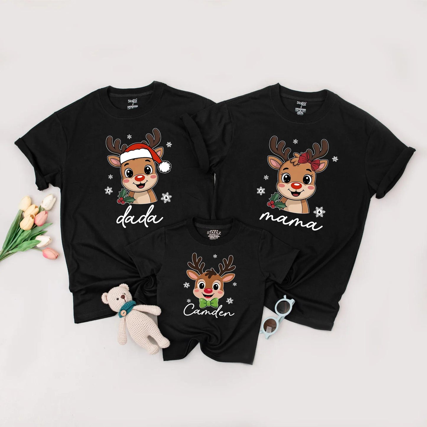Custom Reindeer Christmas Family Shirts for Kids & Toddlers: Santa Hat & Name Design, Matching Xmas Tee, Soft Cotton