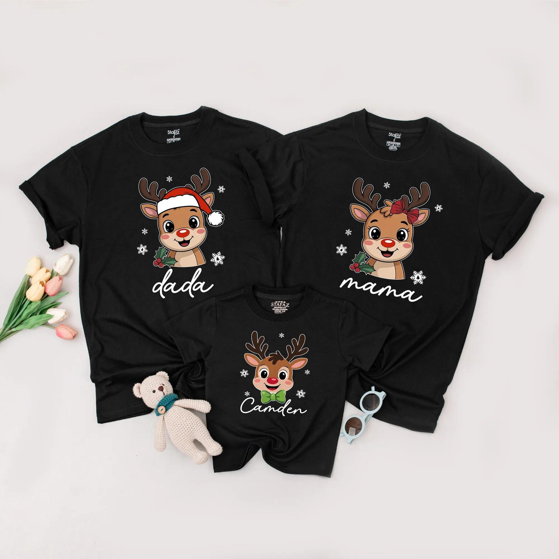 Custom Reindeer Christmas Family Shirts for Kids & Toddlers: Santa Hat & Name Design, Matching Xmas Tee, Soft Cotton