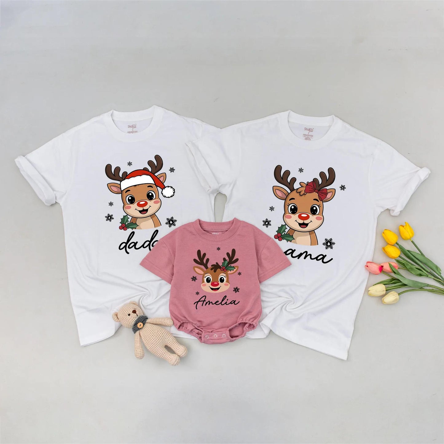 Custom Reindeer Christmas Family Shirts for Kids & Toddlers: Santa Hat & Name Design, Matching Xmas Tee, Soft Cotton