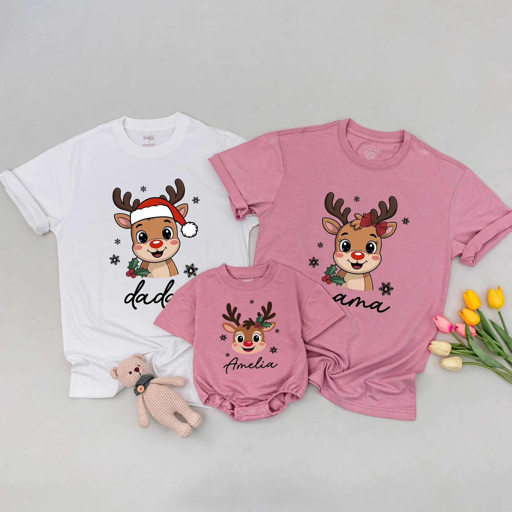 Custom Reindeer Christmas Family Shirts for Kids & Toddlers: Santa Hat & Name Design, Matching Xmas Tee, Soft Cotton