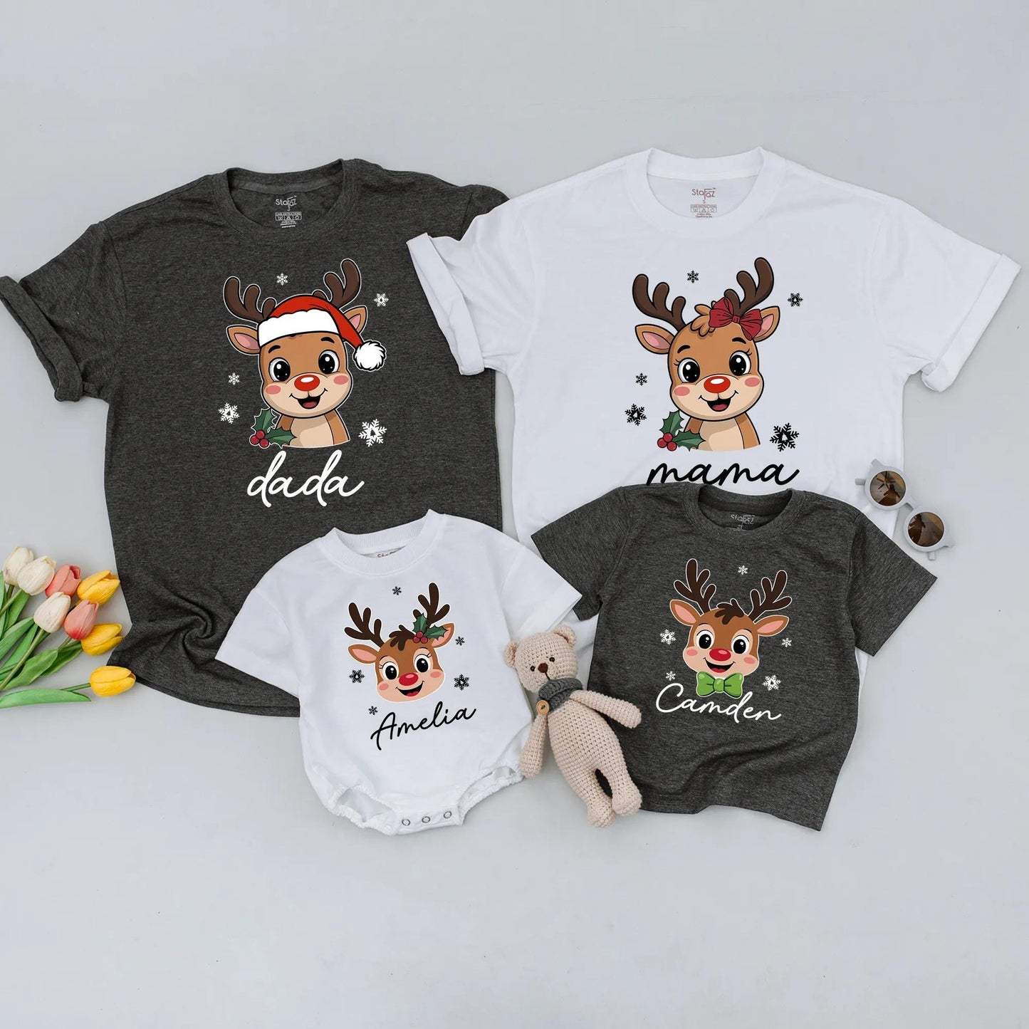 Custom Reindeer Christmas Family Shirts for Kids & Toddlers: Santa Hat & Name Design, Matching Xmas Tee, Soft Cotton