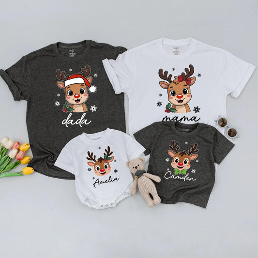 Custom Reindeer Christmas Family Shirts for Kids & Toddlers: Santa Hat & Name Design, Matching Xmas Tee, Soft Cotton
