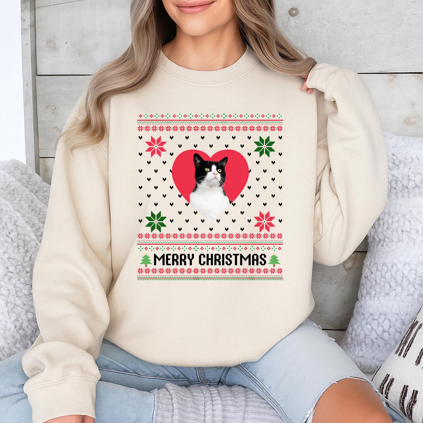 Custom Cat Photo Ugly Christmas Sweater Funny Pet Lover Holiday Sweatshirt Kitsch Snowflakes Merry Christmas Tree Graphic