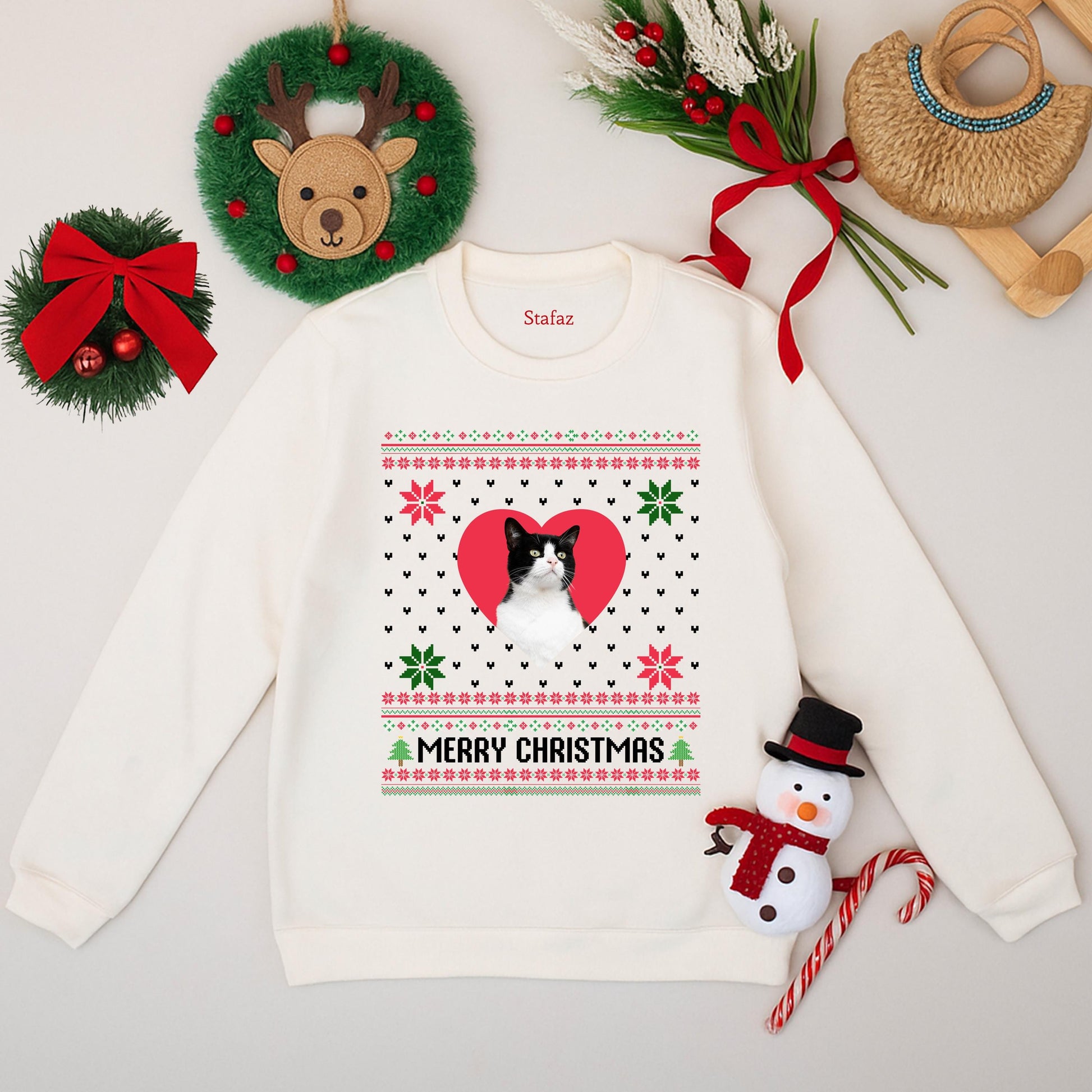 Custom Cat Photo Ugly Christmas Sweater Funny Pet Lover Holiday Sweatshirt Kitsch Snowflakes Merry Christmas Tree Graphic