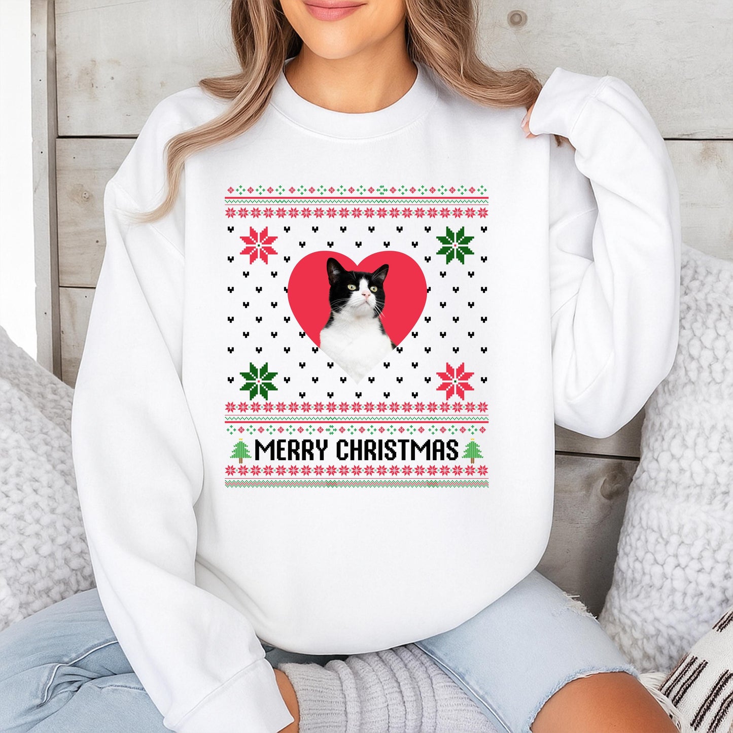 Custom Cat Photo Ugly Christmas Sweater Funny Pet Lover Holiday Sweatshirt Kitsch Snowflakes Merry Christmas Tree Graphic