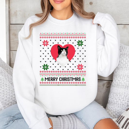 Custom Cat Photo Ugly Christmas Sweater Funny Pet Lover Holiday Sweatshirt Kitsch Snowflakes Merry Christmas Tree Graphic
