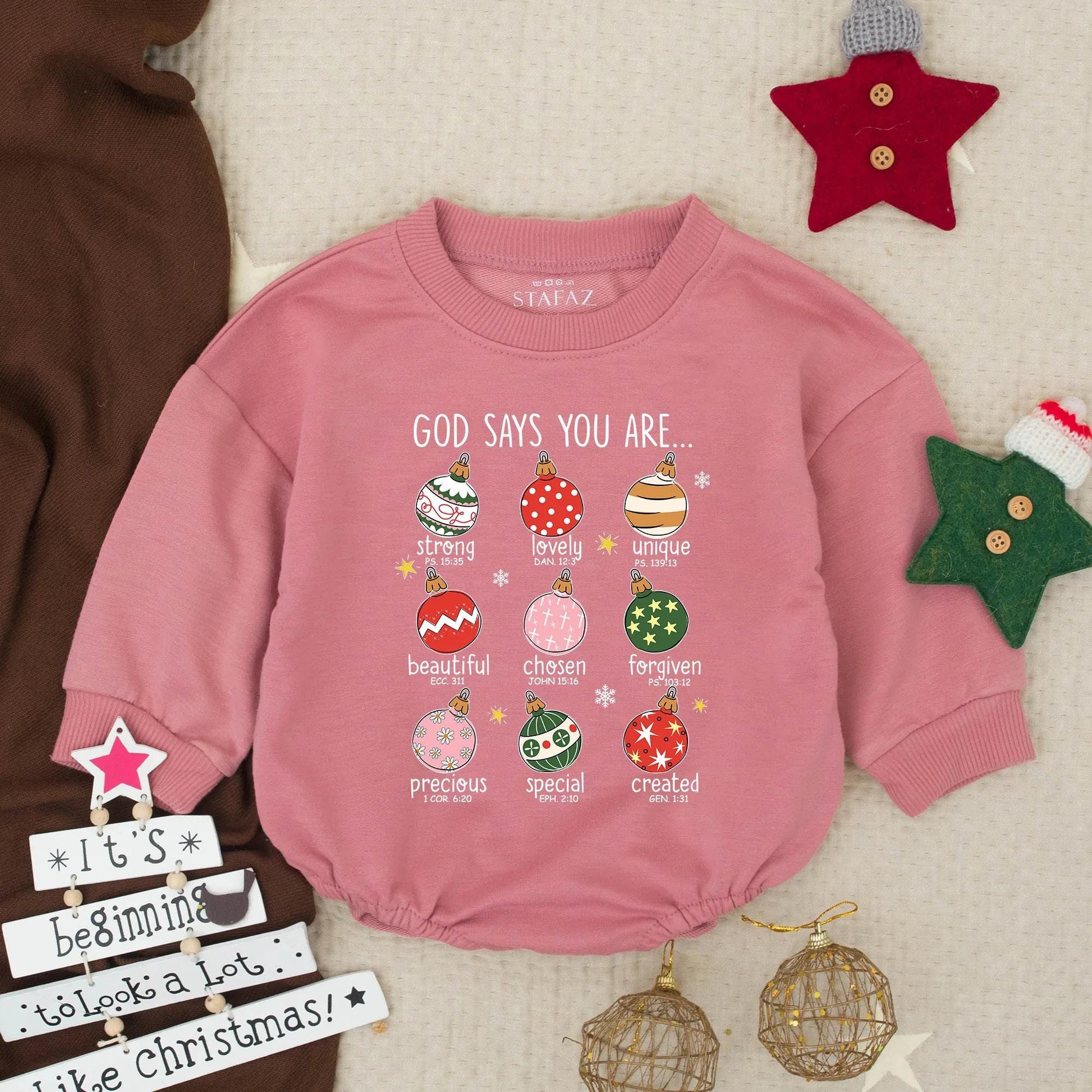 God Says You Are Christmas Baby Bubble Romper with Ornaments and Bible Verses Christian Infant Holiday Outfit Toddler First Christmas Gift