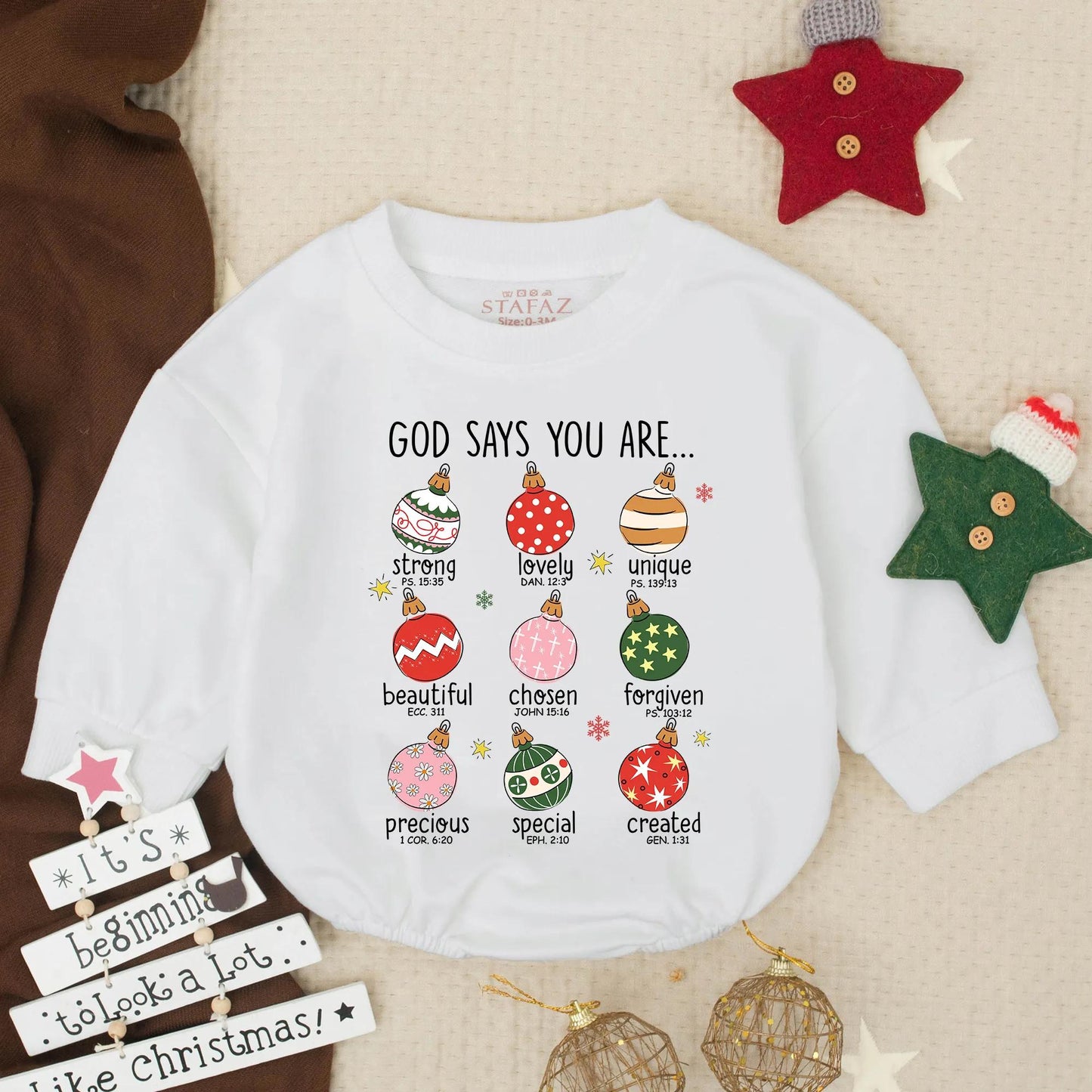 God Says You Are Christmas Baby Bubble Romper with Ornaments and Bible Verses Christian Infant Holiday Outfit Toddler First Christmas Gift