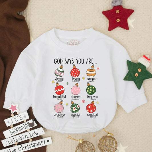God Says You Are Christmas Baby Bubble Romper with Ornaments and Bible Verses Christian Infant Holiday Outfit Toddler First Christmas Gift