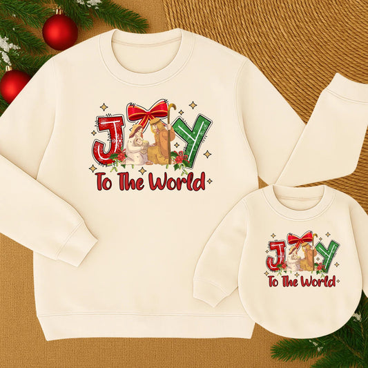 Christmas Joy To The World Sweatshirt Nativity Scene Christian Christmas Tee with Red Bow & Green Snowflake 'Y' Long Sleeve Joyful Gift