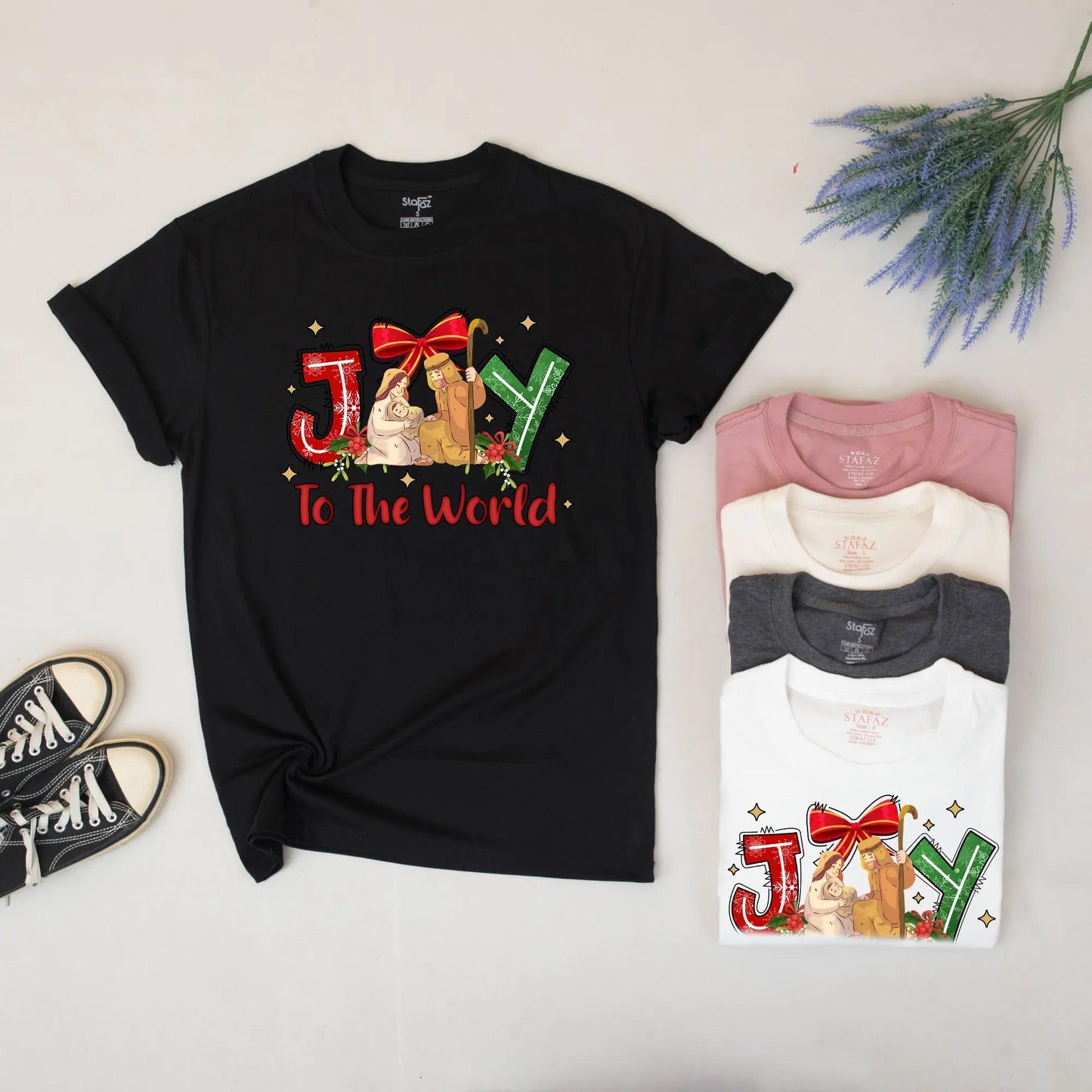Christmas Joy To The World Sweatshirt Nativity Scene Christian Christmas Tee with Red Bow & Green Snowflake 'Y' Long Sleeve Joyful Gift