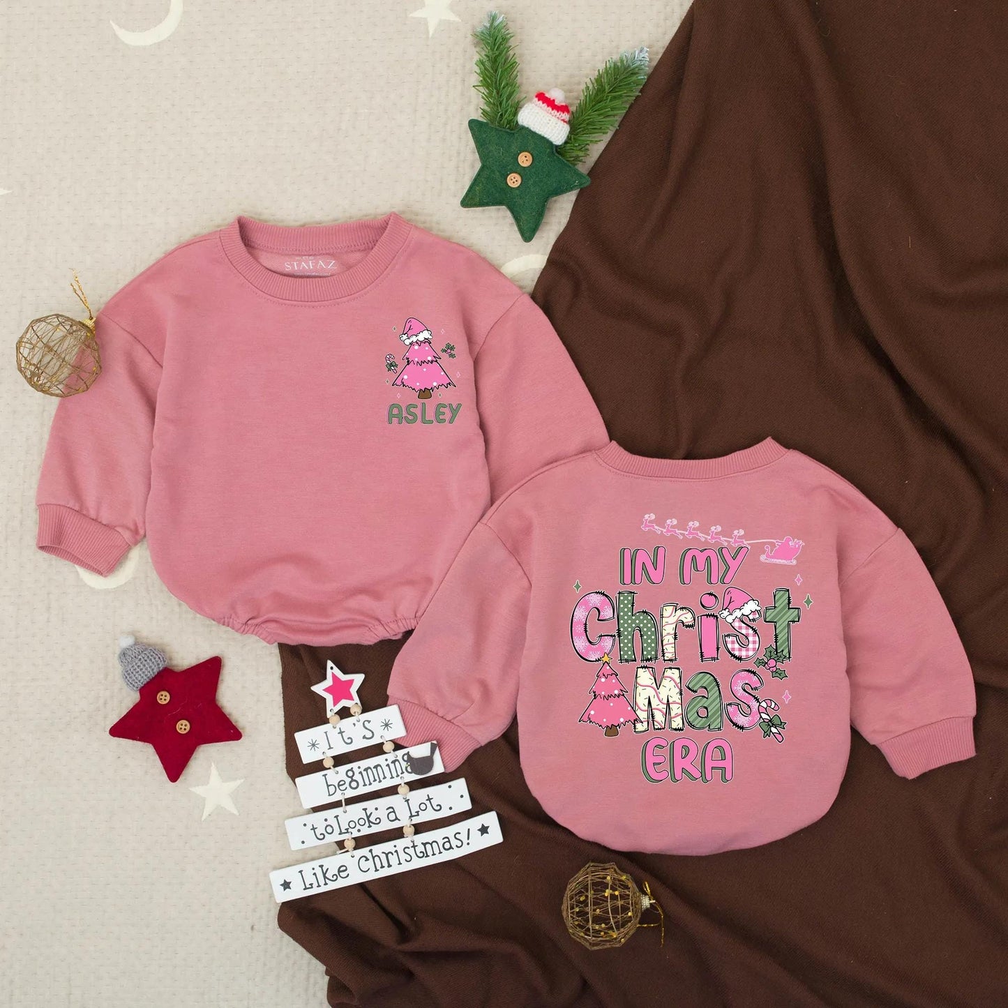 Custom Christmas Era Bubble Romper for Toddler Girl Asley Pink Green Tree Santa Hat Baby Holiday Outfit Festive Cartoon Style