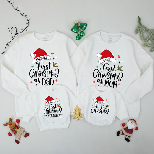 Personalized Family Christmas Sweatshirts for Baby's My First Christmas featuring Santa Hat names, Dad Mom Brother matching festive red green sweaters