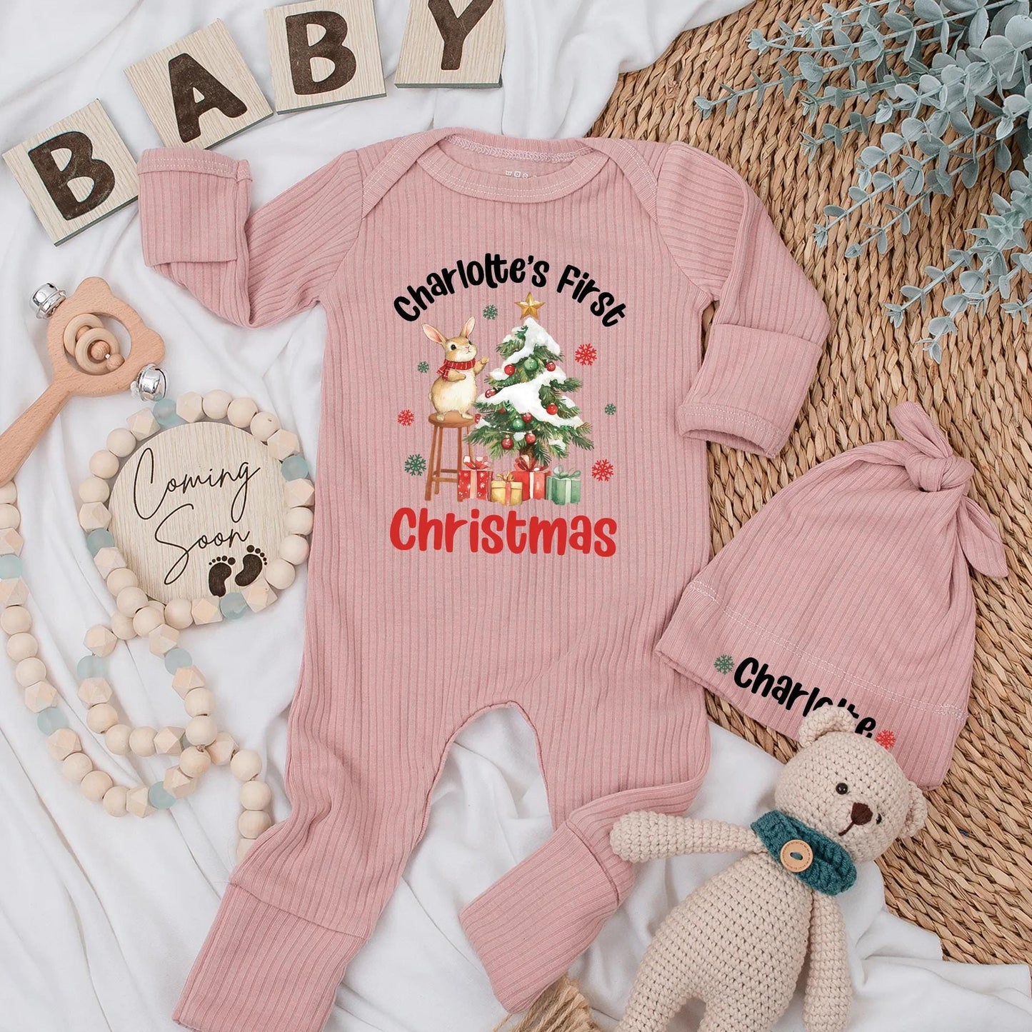 Charlotte's First Christmas Bodysuit Personalized Baby Outfit, Watercolor Rabbit Newborn Gift, Cute Holiday Bodysuit, Christmas Baby Announcement 138