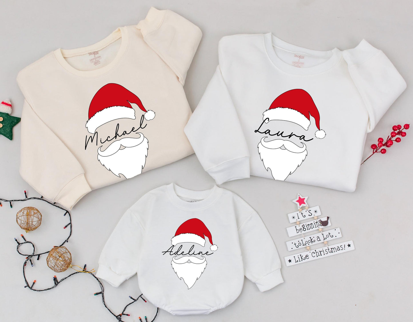 Custom Santa Hat & Beard Name Sweatshirt Matching Family Holiday Outfit Cozy Christmas Personalized Baby Gift