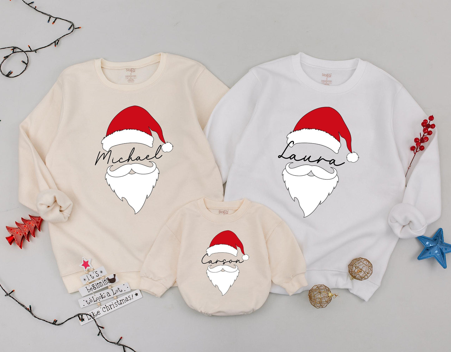 Custom Santa Hat & Beard Name Sweatshirt Matching Family Holiday Outfit Cozy Christmas Personalized Baby Gift