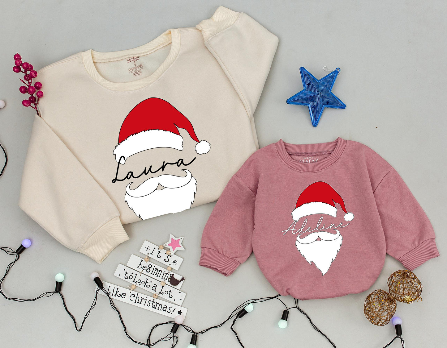 Custom Santa Hat & Beard Name Sweatshirt Matching Family Holiday Outfit Cozy Christmas Personalized Baby Gift