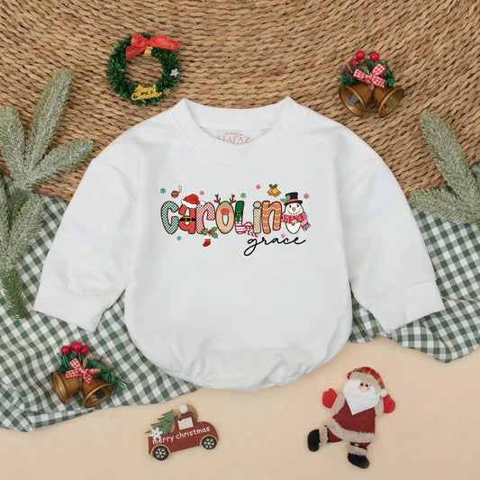 Custom Name Christmas Bubble Romper for Baby Girl First Holiday Outfit with Festive Santa Snowman Whimsical Red Green Design Newborn Shower Gift