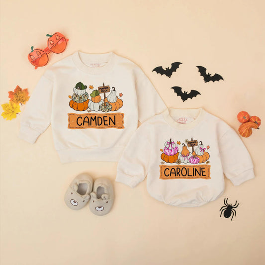 Personalized Pumpkin Patch Baby Outfit Romper, Custom Name Fall Toddler Sweatshirt, Whimsical Pumpkin Season Bodysuit for Girls Boys 138 chars