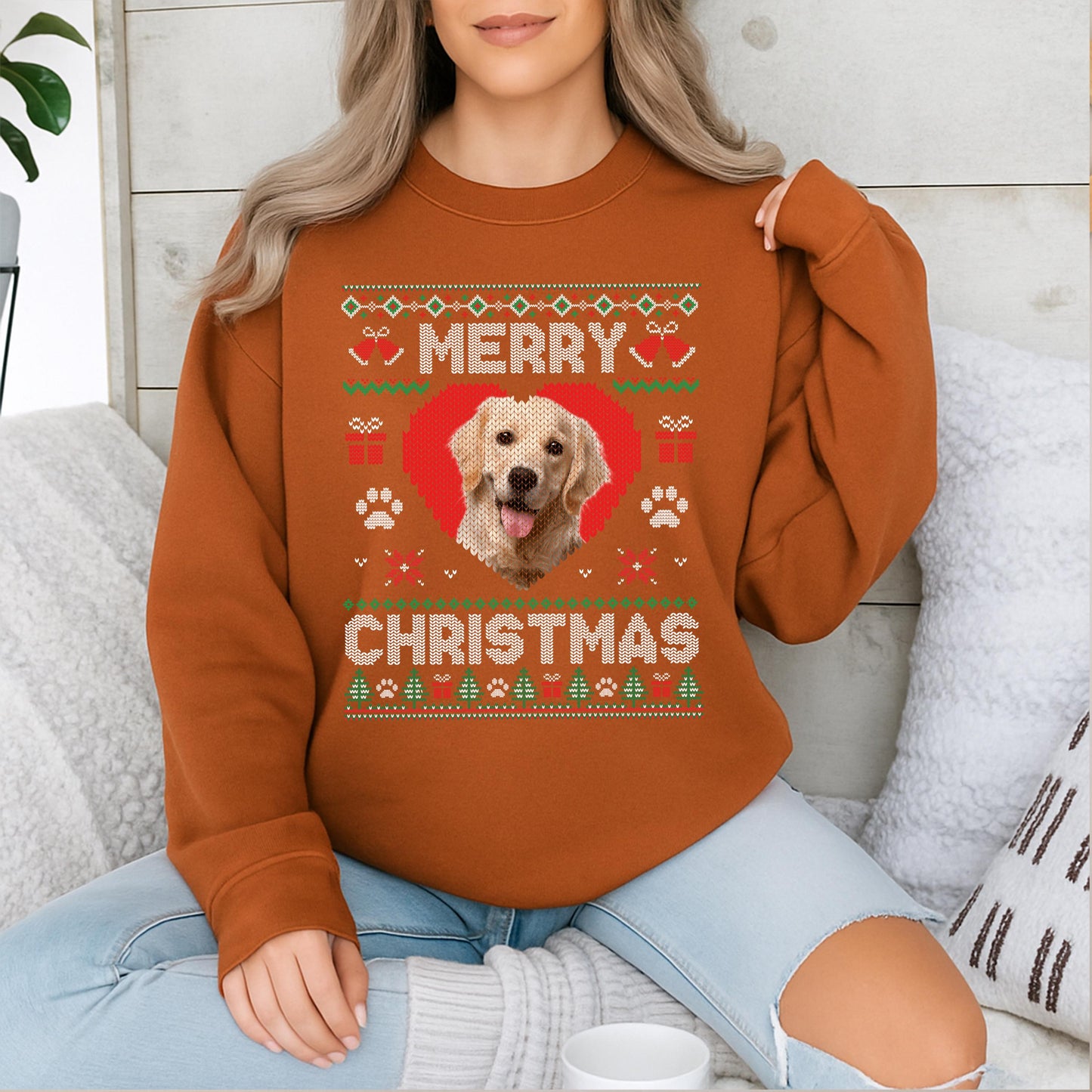 Custom Merry Christmas Dog Photo Ugly Sweater - Cute Holiday Gift, Red Heart Snowflake Design, Funny Xmas Cat Face