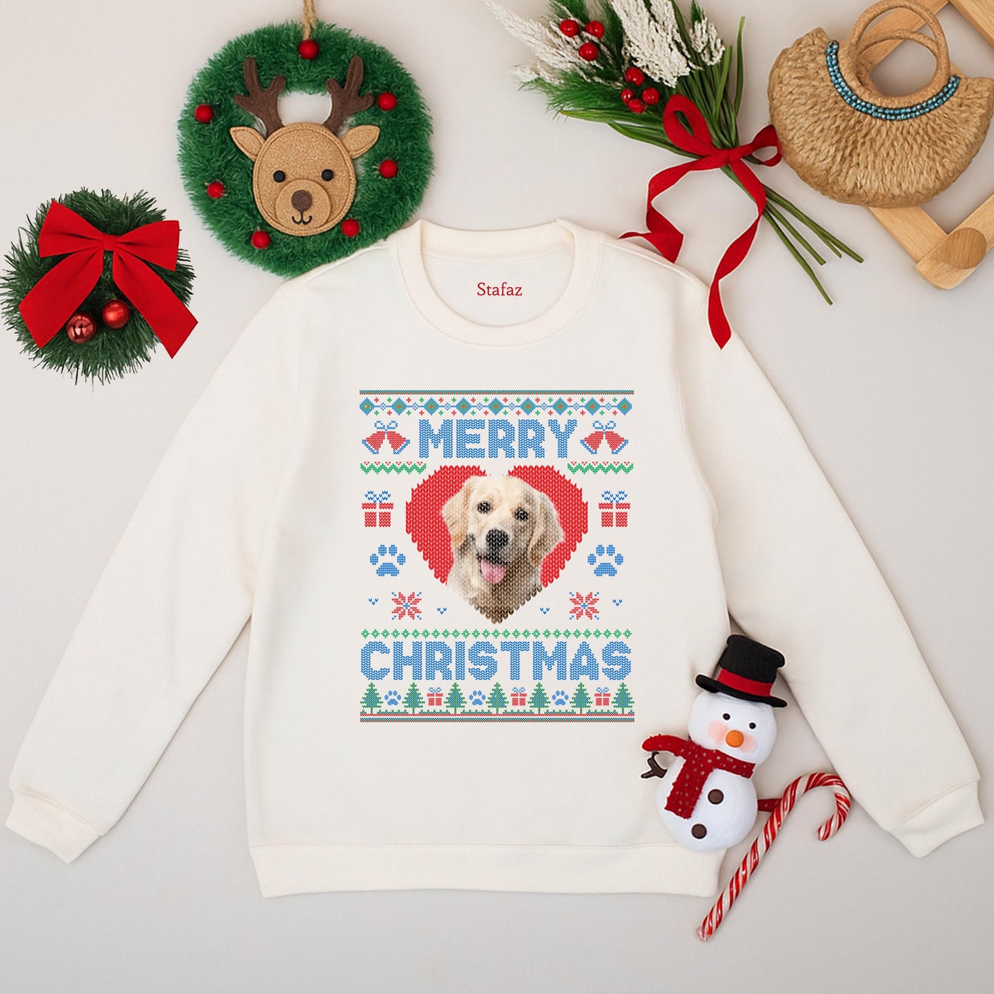Custom Merry Christmas Dog Photo Ugly Sweater - Cute Holiday Gift, Red Heart Snowflake Design, Funny Xmas Cat Face