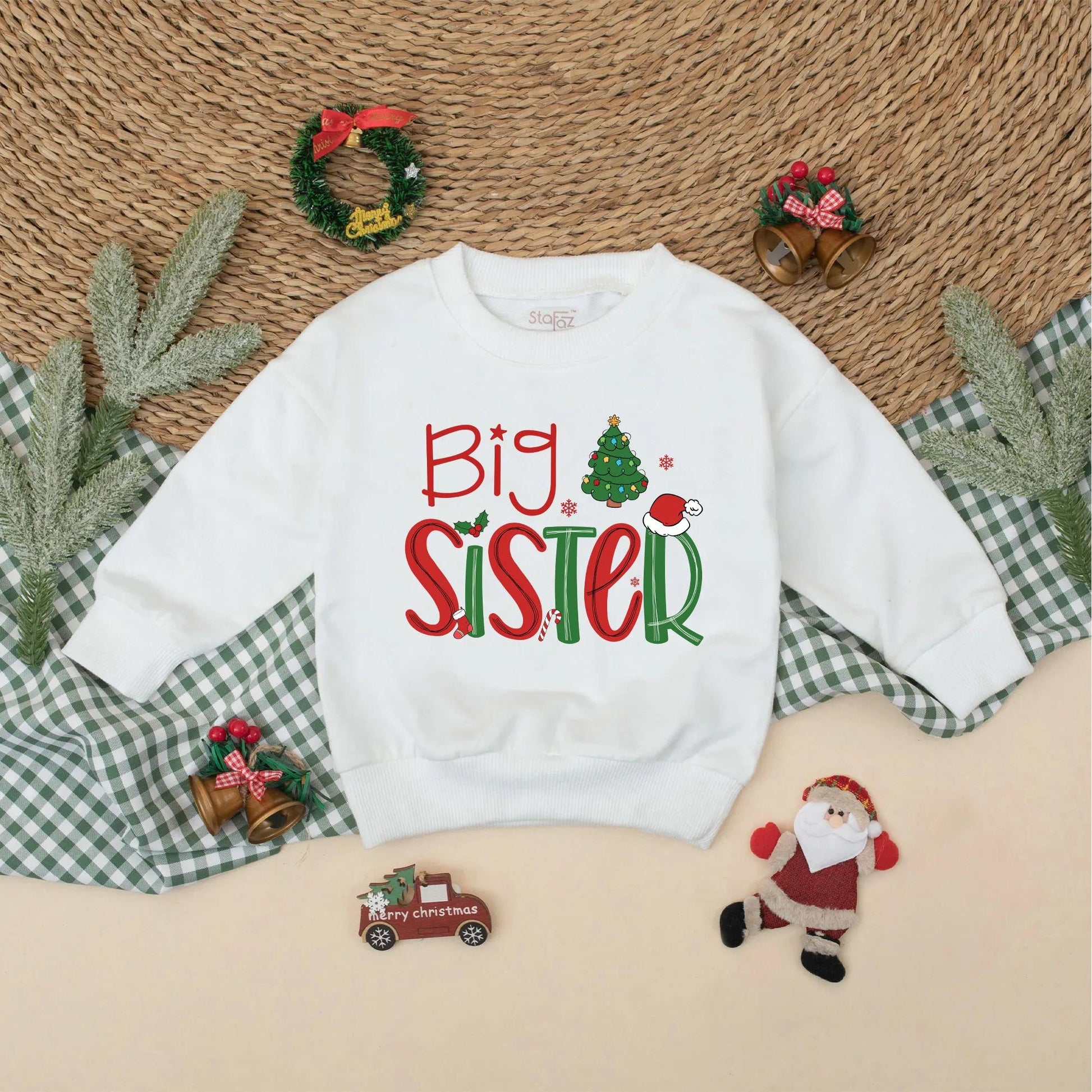 Big Brother Little Sister Matching Christmas Holiday Outfits Festive Red Green Tree Holly Sibling Sweatshirt Romper Family Photo Pregnancy Announcement