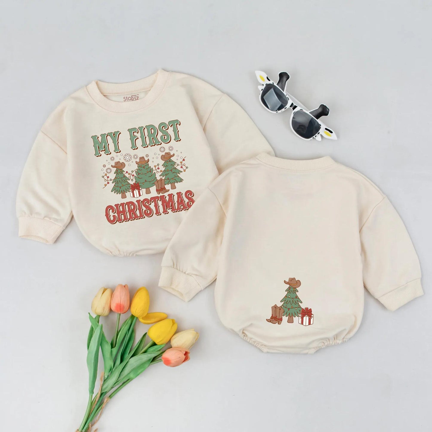 Western Christmas Bubble Romper Baby's First Christmas Outfit Retro Cowboy Holiday Gift Rustic Xmas Bodysuit Baby Announcement Clothes