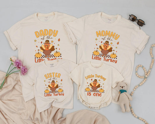 Warm Autumn Family Matching Thanksgiving Shirts Daddy Mommy Little Turkey 2025 Retro Fall Holiday Tees with Pumpkins and Leaves