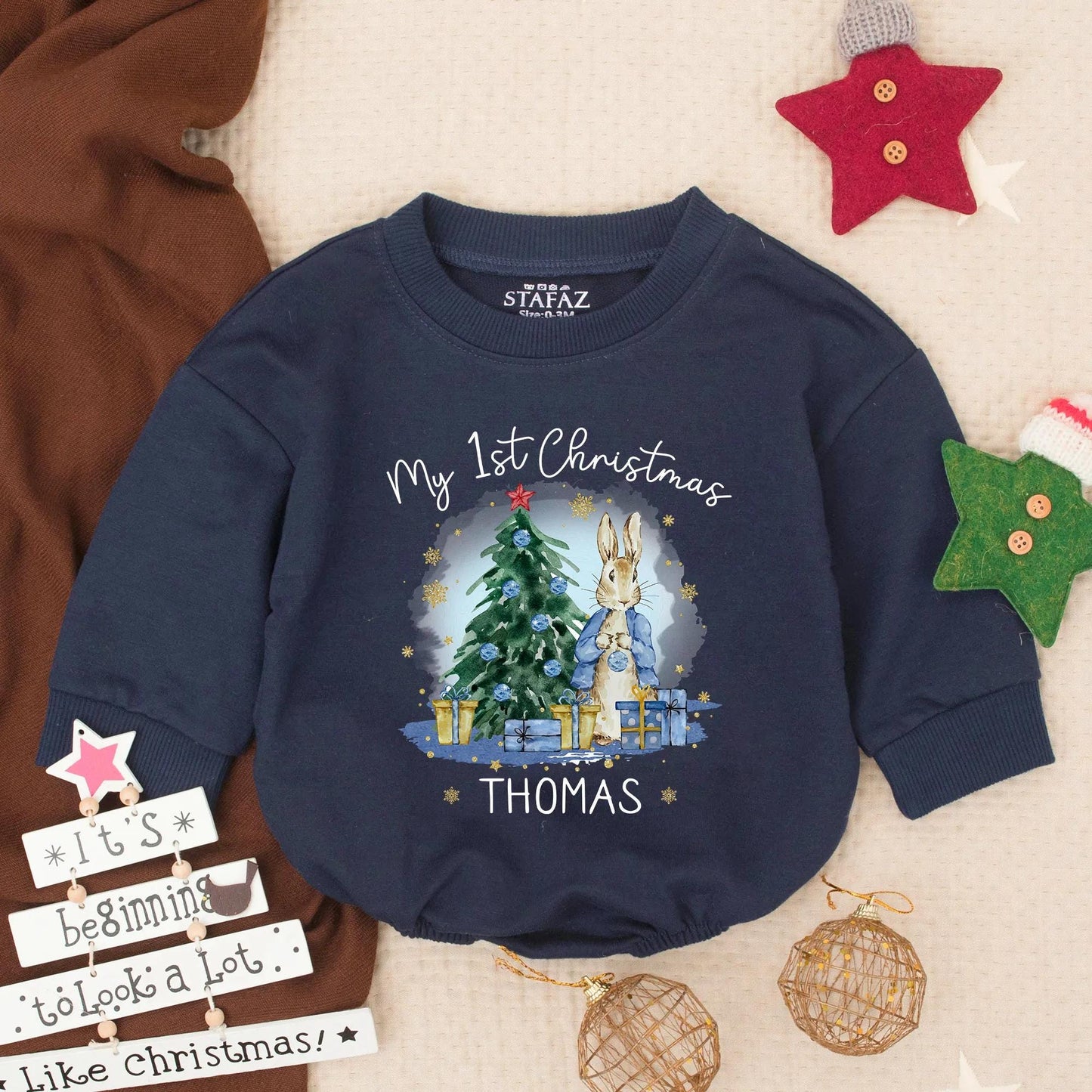 Personalized Thomas My 1st Christmas Bubble Romper Baby Boy Rabbit Outfit Infant Holiday Clothes Toddler Gift Gold Snowflake Accents
