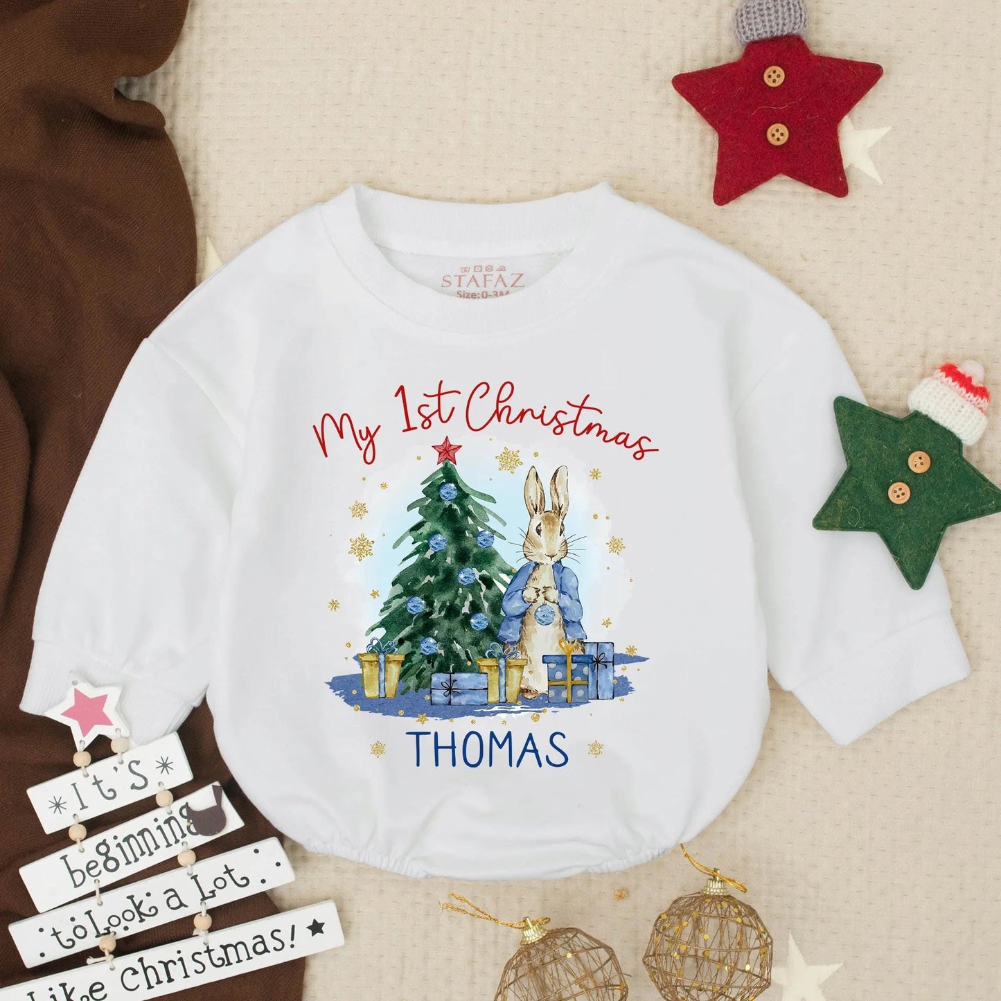 Personalized Thomas My 1st Christmas Bubble Romper Baby Boy Rabbit Outfit Infant Holiday Clothes Toddler Gift Gold Snowflake Accents