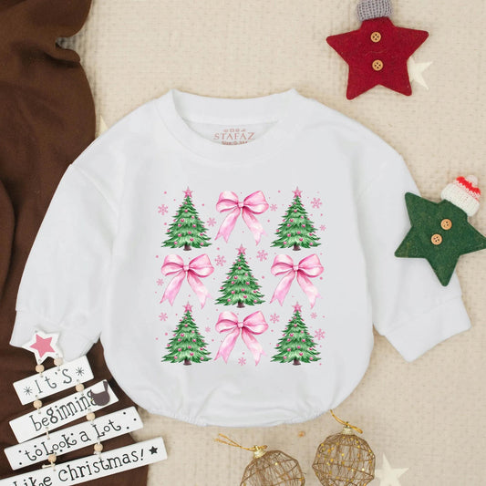 Cute Christmas Tree Pink Bow Baby Bubble Romper First Christmas Outfit for Girl Adorable Toddler Holiday Gift Festive Newborn Clothes