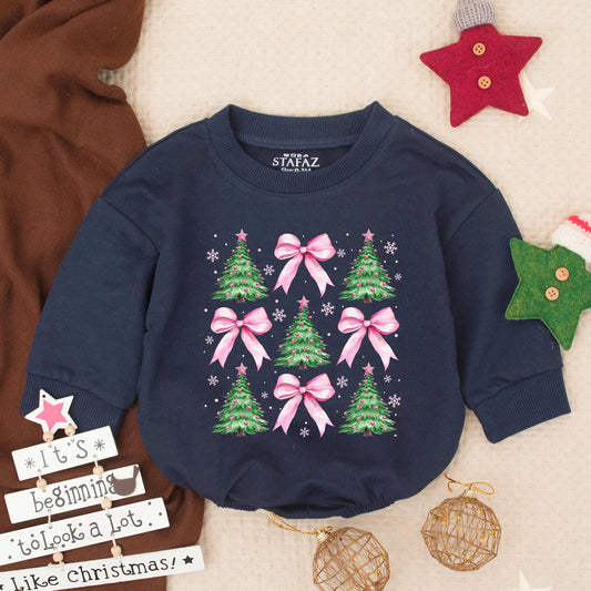 Cute Christmas Tree Pink Bow Baby Bubble Romper First Christmas Outfit for Girl Adorable Toddler Holiday Gift Festive Newborn Clothes