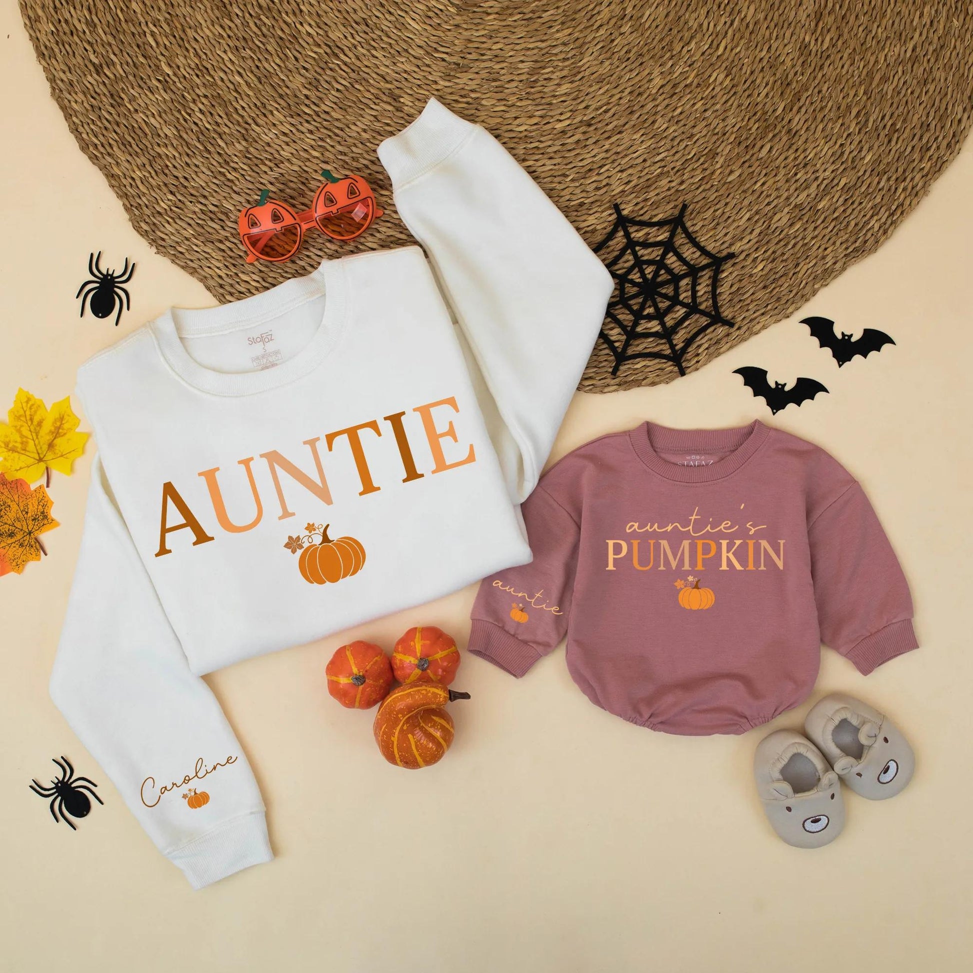Auntie and Auntie's Pumpkin Matching Sweatshirts Cute Fall Family Outfit Orange Brown Pumpkin Graphic Autumn Gift for Auntie Caroline