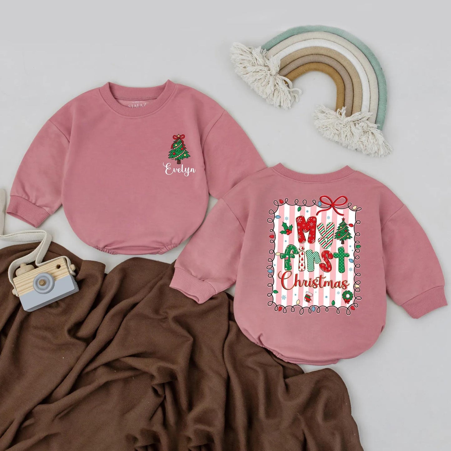 Custom Name Baby's First Christmas Bubble Romper for Holiday Parties with Festive My First Christmas Tree Design Colorful Playful Gift