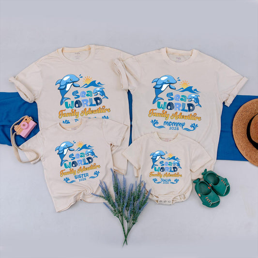Sea World Family Adventure 2025 Matching Shirts Custom Name Vacation Tees Blue Dolphins Sun Waves Playful Cartoon Style