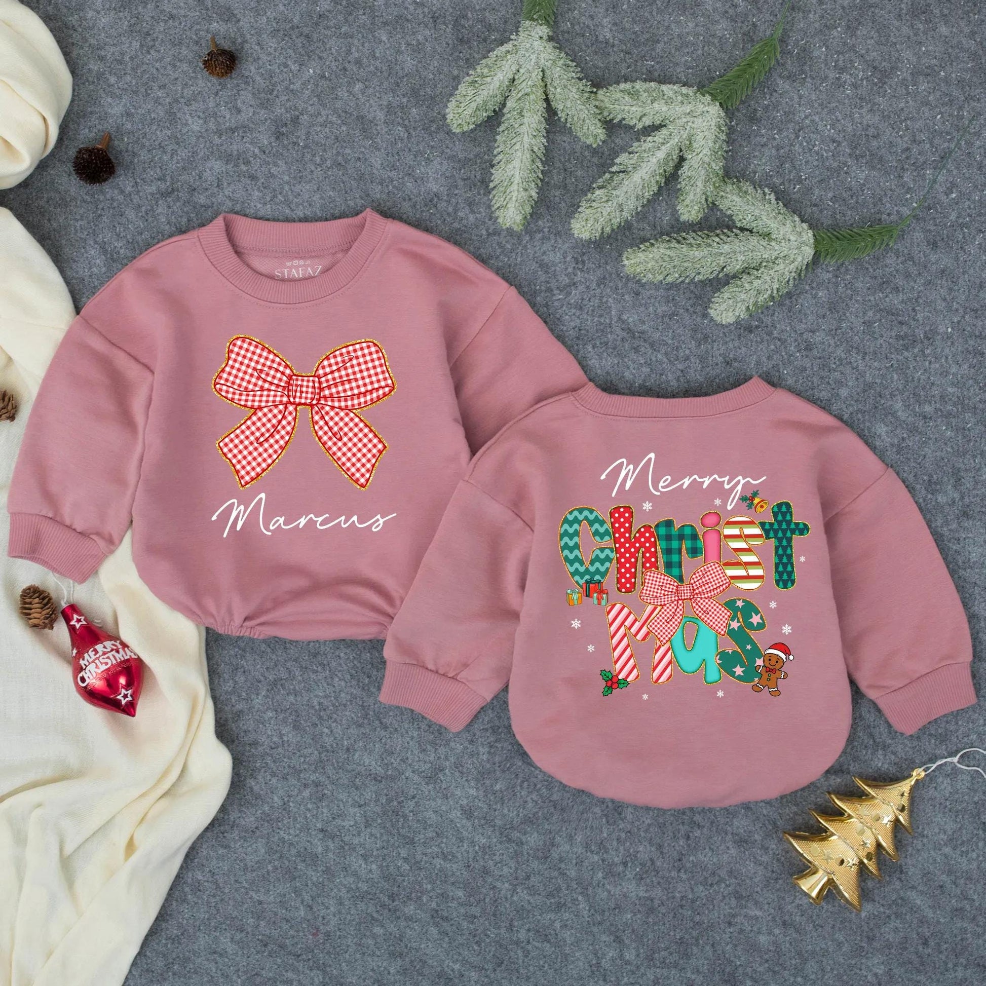 Custom Marcus Merry Christmas Bubble Romper with Gold Glitter Bow for Baby Girls First Christmas Outfit Toddler Cozy Holiday Clothes