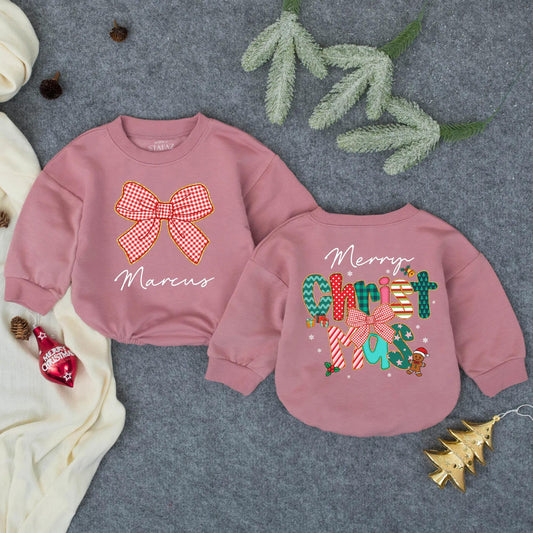 Custom Marcus Merry Christmas Bubble Romper with Gold Glitter Bow for Baby Girls First Christmas Outfit Toddler Cozy Holiday Clothes