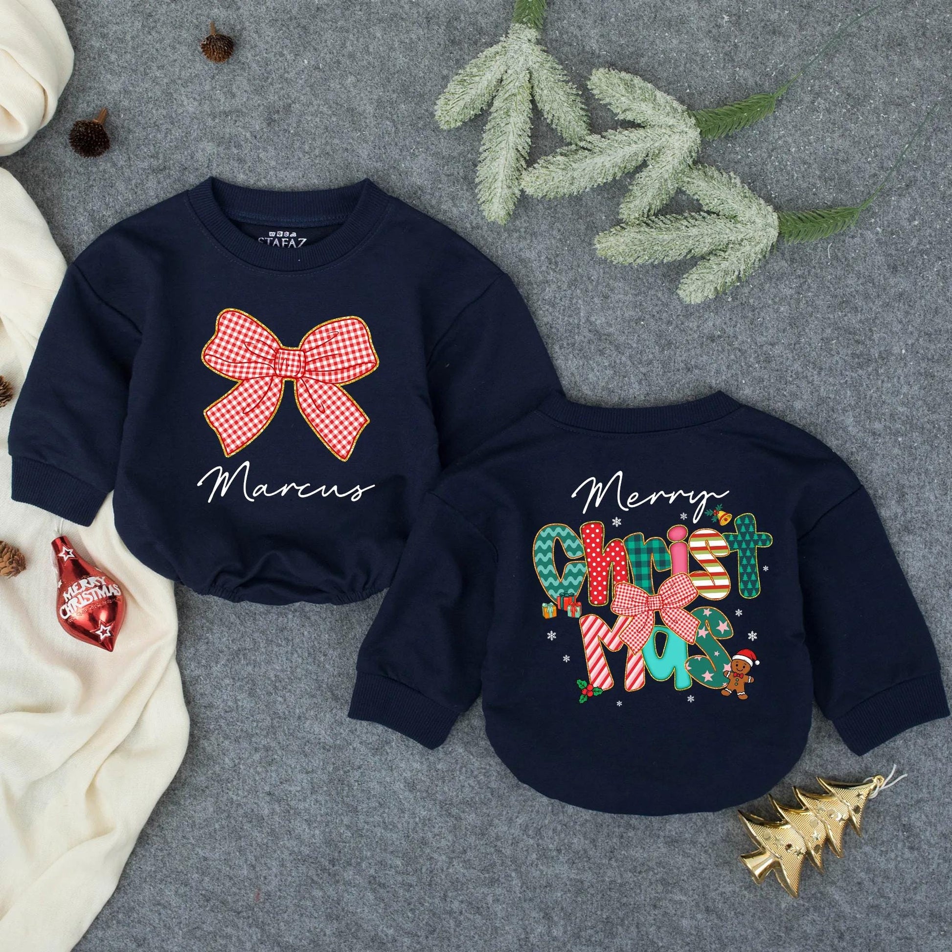 Custom Marcus Merry Christmas Bubble Romper with Gold Glitter Bow for Baby Girls First Christmas Outfit Toddler Cozy Holiday Clothes