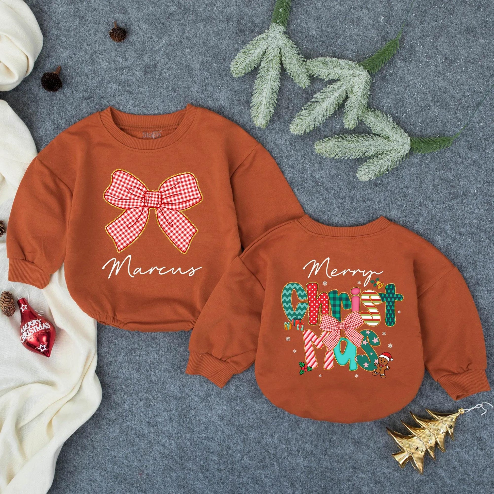 Custom Marcus Merry Christmas Bubble Romper with Gold Glitter Bow for Baby Girls First Christmas Outfit Toddler Cozy Holiday Clothes