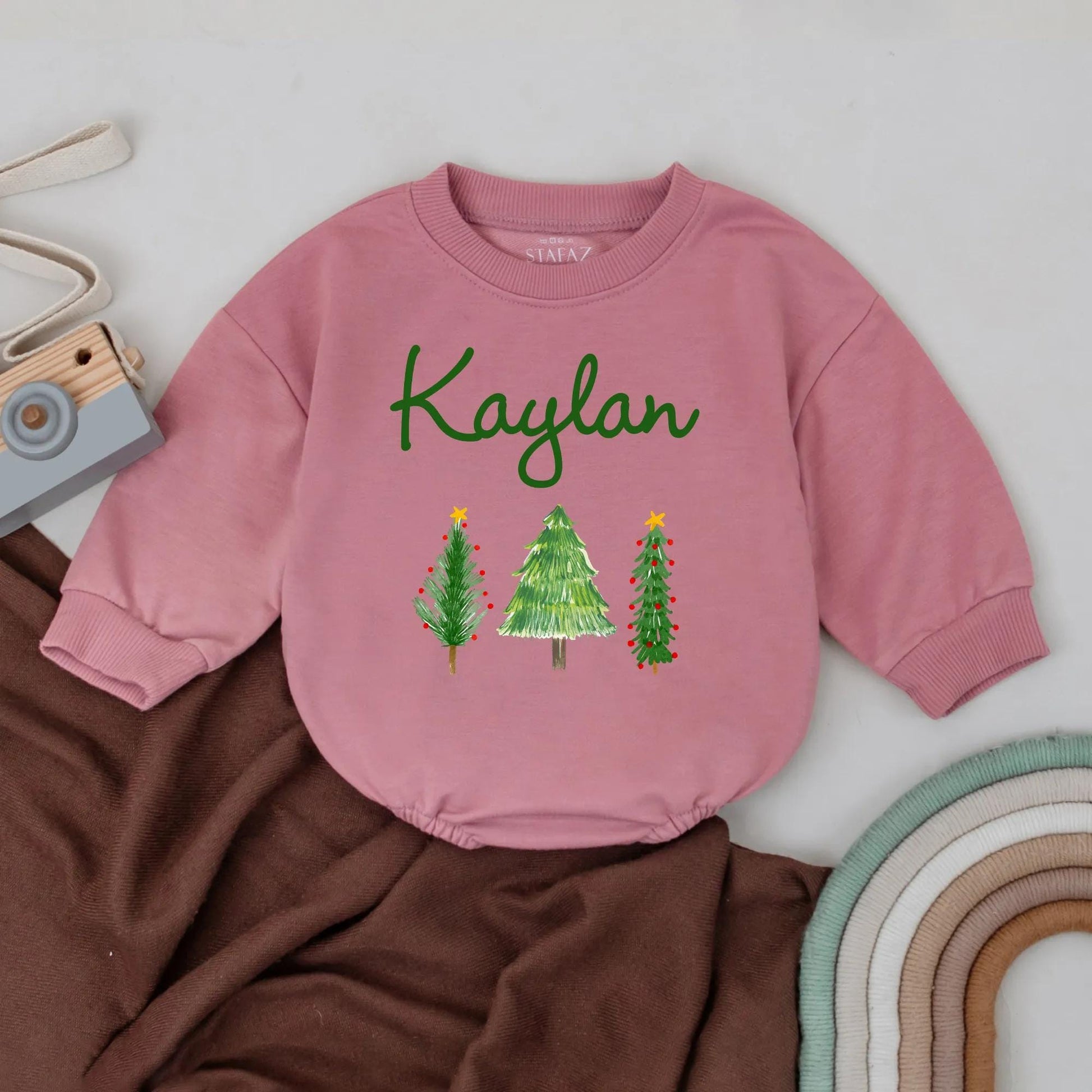 Retro Christmas Tree Bodysuit Custom Name Baby's First Christmas Outfit Toddler Girl Boy Romper Festive Holiday Gift