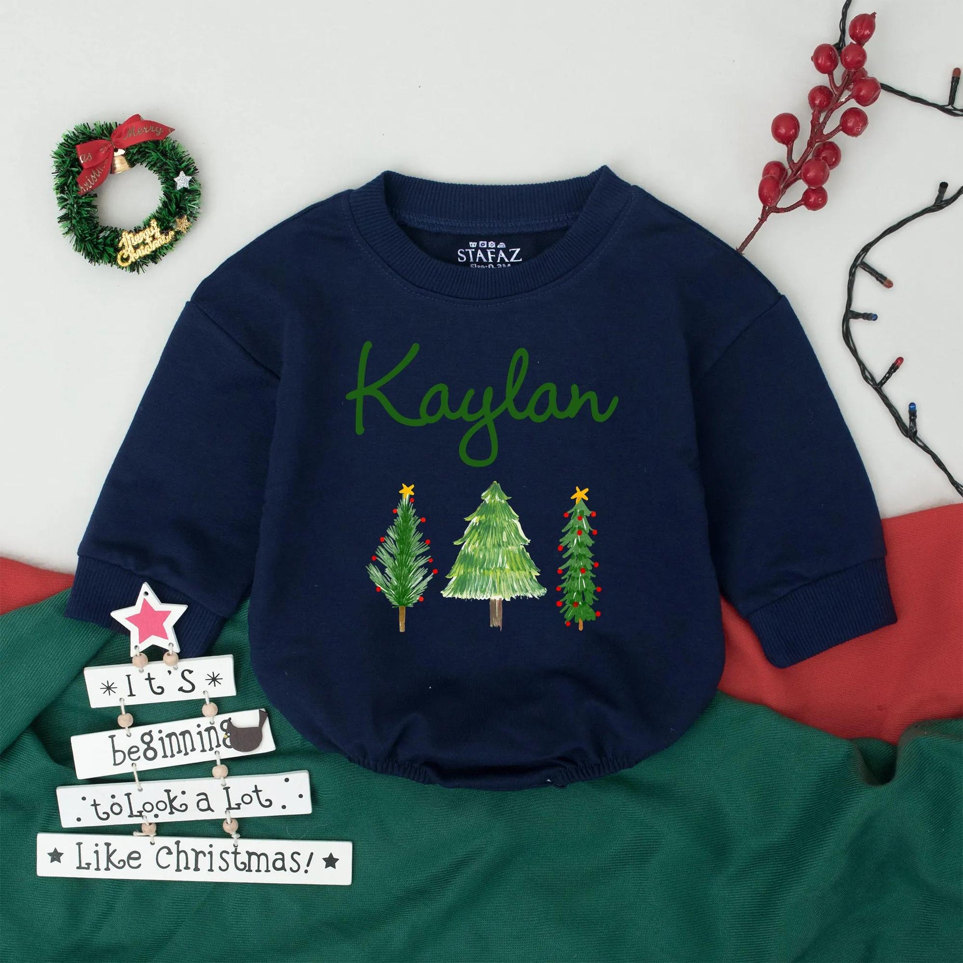 Retro Christmas Tree Bodysuit Custom Name Baby's First Christmas Outfit Toddler Girl Boy Romper Festive Holiday Gift